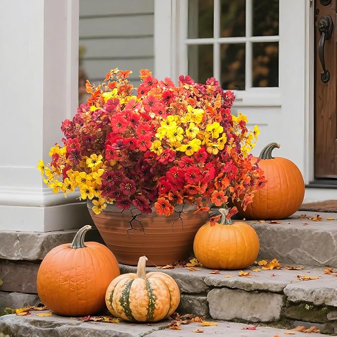 Grunyia 20 Bundles UV Resistant Artificial Fall Flowers for Outdoor - No Maintenance Thanksgiving Decor with Orange Blooms, Faux Silk & Plastic Plants for Porch, Yard (Fall Coffee Mix)
