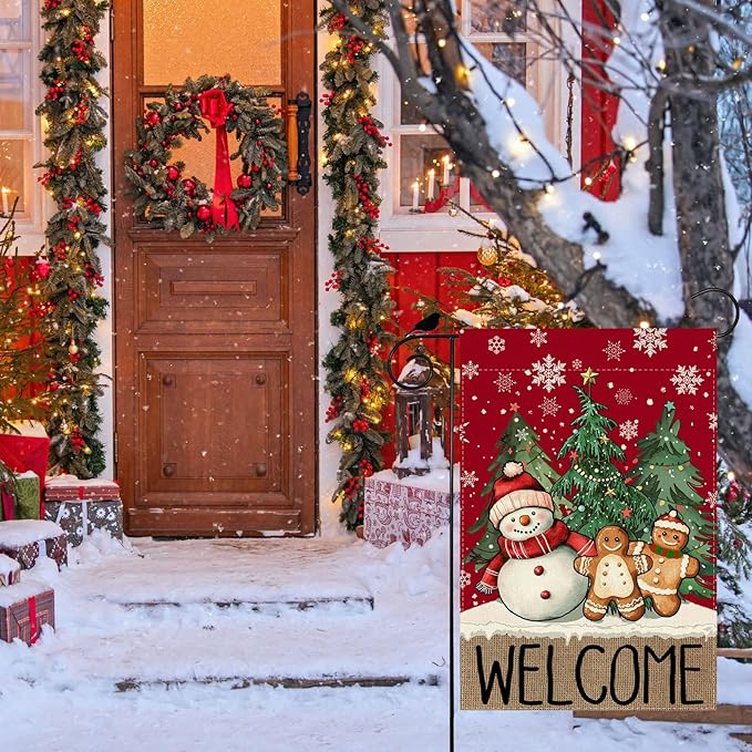 Welcome Garden Flag Winter Snowman Gingerbread Man Pine Trees Christmas Yard Flag 12x18 Inch Double Sided Small Mini Yard Outdoor Outside Xmas Holiday Party Decoration