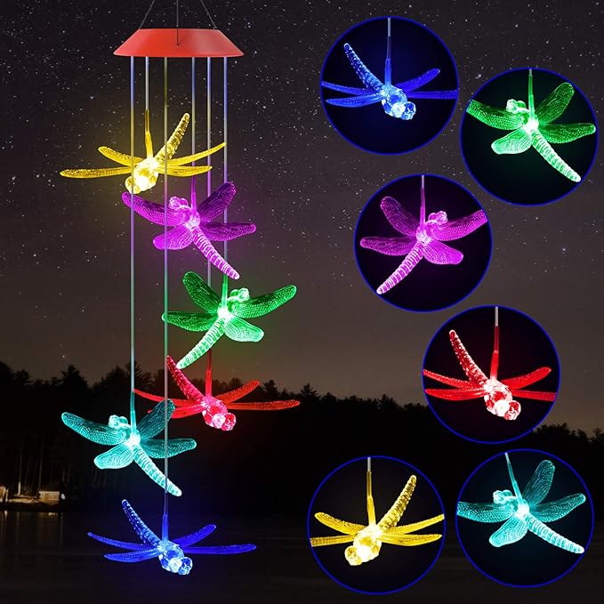 Solawindchime Dragonfly Wind Chimes Gifts for Women, Color Changing Solar Wind Chime Outdoor Decor, Waterproof Solar Lights, Romantic Dragonfly Wind Bells, Solar Powered Wind Chime Garden Decoration