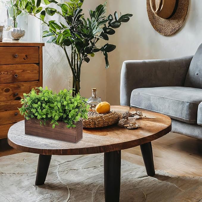 Lyrow 2 Pack Artificial Eucalyptus Plant in Rectangular Rustic Wooden Planter Box Faux Potted Herb Plant Table Centerpiece for Kitchen Windowsill Shelf Decor (Brown,11.4 '')