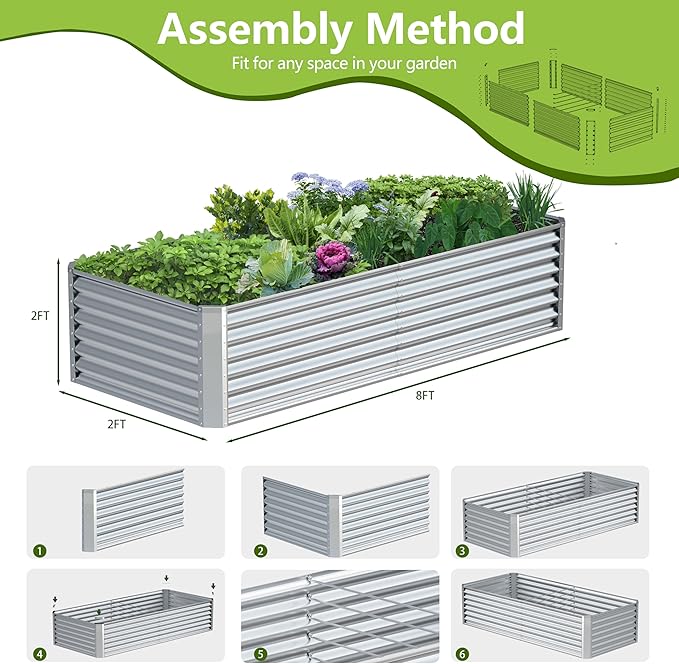 8x2x2FT Galvanized Raised Garden Bed Kit, Galvanized Planter Raised Garden Boxes Outdoor, Large Metal Raised Garden Beds for Vegetables-Silver