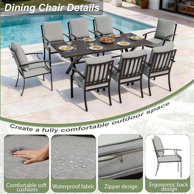 10-Piece Patio Dining Set,Metal Outdoor Furniture Set Includes 13.6FT Sand Umbrella,Hole Cut-Out 78.7" x 35.4" Table and 8 Metal Backrest Chairs for Backyard,Garden,Grey