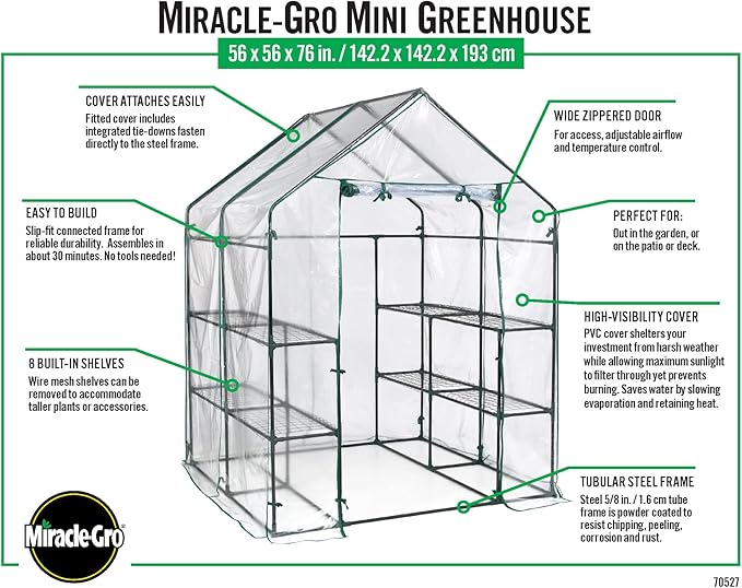 Miracle-GRO 4'8" x 4'8" x 6'5" All-Season Small Walk-in Greenhouse with 8 Wire Shelves for Outdoors, Easy-Access and Durable, Translucent