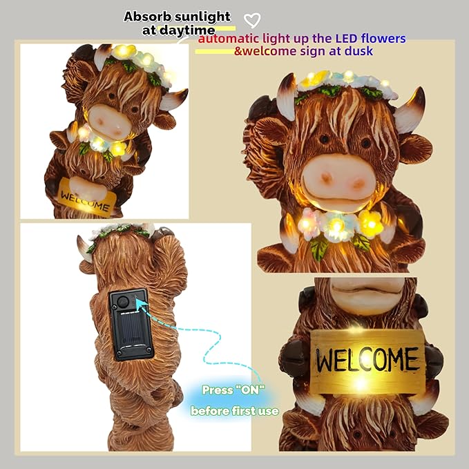 12 Inch Highland Cow Statue Solar Outdoor Decor for Yard Patio Front Door, Farmhouse Porch Decoration Animal Cattle with Led Welcome Sign Flowers Light, Home Ornaments for Outside, Mom's Gifts
