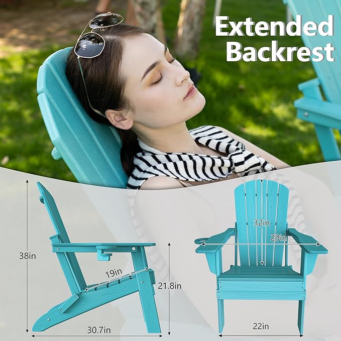 Plawdlik Folding Adirondack Chair, SGS Tested, Wooden Textured with Cup Holder, Heavy All-Weather HDPE Comfortable Set Poolside Backyard Lawn Aruba Blue Set 2