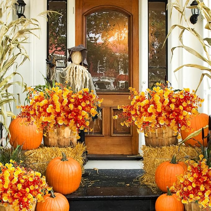 Grunyia 12 Bundles Artificial Fall Flowers for Outdoors Fake Plants - Faux Outside Greenery Boxwood No Fade Plastic Shrubs Decor Farmhouse Home Garden Thanksgiving (Fall Yellow)