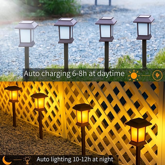 Glosola 6Pack Solar Pathway Lights Outdoor with Flickering Flame, IP65 Waterproof, Solar Flame Lights with Hook, Upgraded 1000mAH Battery, Up to 12Hrs, Auto On/Off, Decor for Garden, Walkway