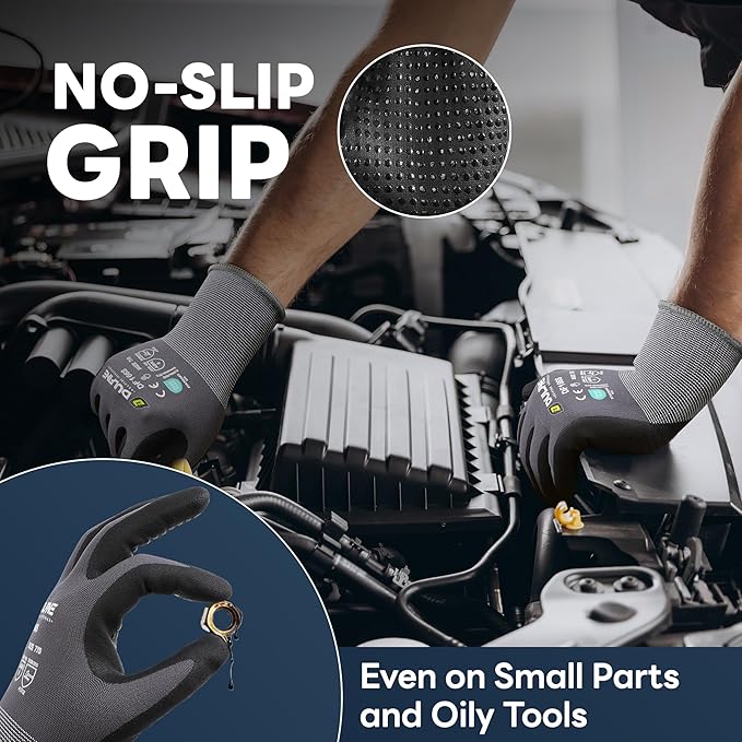 DULFINE Work Gloves for Men and Women,Grey Nylon with MicroFoam Nitrile Coated-12 Pairs Pack, Dots on Palm for Anti-slip and Extra Abrasion Resistant(Small)