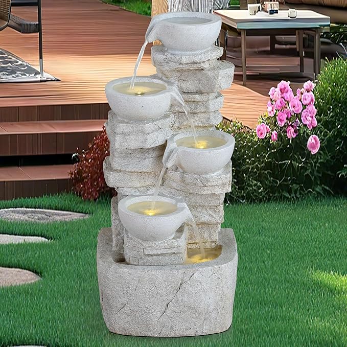 Qingyinge 27' H Modern Outdoor Fountain Resin Outdoor Garden Fountains with Contemporary Design LED Light for Garden, Patio, Deck, Porch, Backyard and Home Art Decor