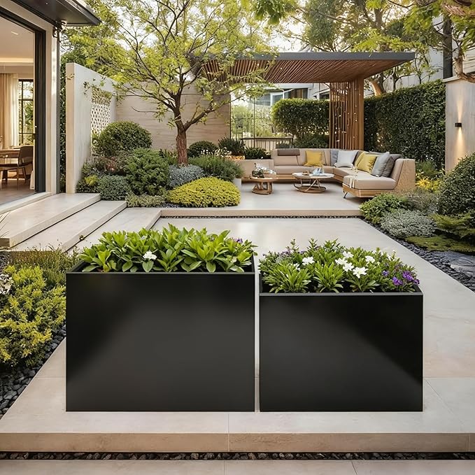 GZLVSOW Black Steel Metallic Heavy Planter 36" x 15" x 24" for Outdoor Plants Metal Rectangular Outdoor Planter Spliced Flower Box with Partitions for Outside,Indoor,Garden (Black, 36 * 15 * 24)
