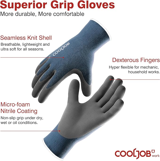 COOLJOB 2 Pairs Micro-Foam Nitrile Safety Work Garden Gloves with Touchscreen Fingers, Lightweight Working for Men’s Sweaty Hands, Non-slip Coated Grip Fits Most Tasks, X-Large, Blue & Black
