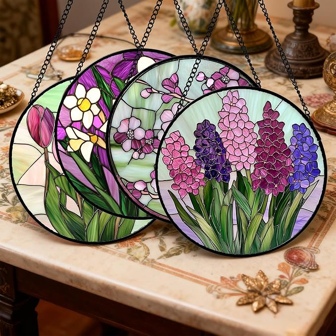 AMDERVEN Stained Glass Window Hanging 4 Pcs Set Tulips Plum Flower Daffodils Hyacinths Large 15" - Suncatcher Door Garden Sun Catcher Decor Birthday Mother's Day for Mom Woman Nana