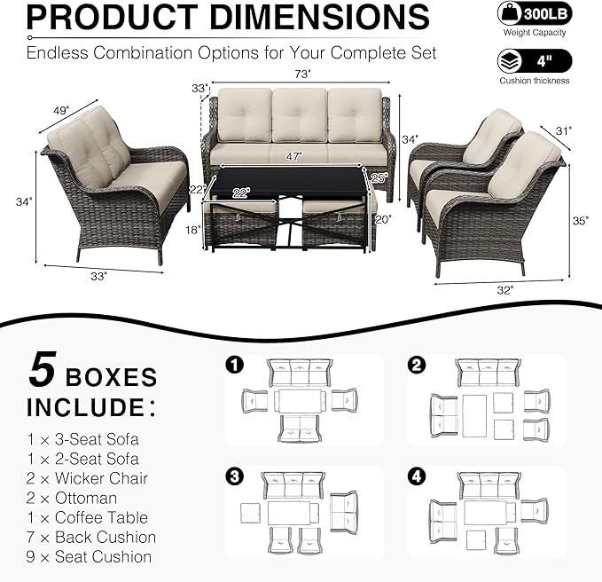 Joyside 7 Piece Wicker Patio Furniture Set, Rattan Patio Chairs with High Back, Deep Seating, Wide Armrest, Thickened Cushions, Outdoor Furniture for Deck, Porch Use