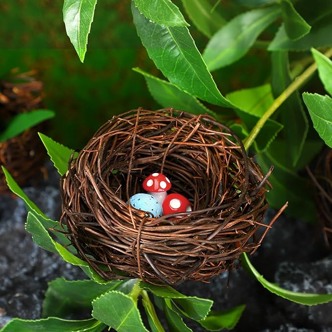 Weysat 24 Pcs Artificial Bird Nest Easter Handmade Natural Rattan Bird Nests for Easter Garden Yard Home Crafts Party Wedding Patio Succulent Planter DIY Terrarium Moss Landscape (2.36 Inch)