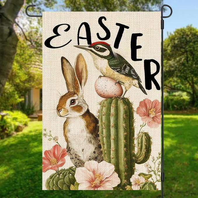 Easter Garden Flag 12x18 Inch Double Sided Spring Bunny Garden Flags Bird Cactus Yard Flag for Spring Easter Decor Porch Farmhouse Outdoor Outside Decortion
