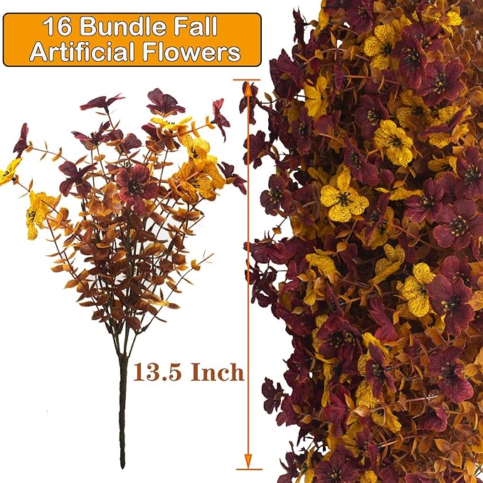 Grunyia 16 Bundles Artificial Fall Mums with Eucalyptus, Faux Daisy UV Resistant Outdoor Decor - Autumn Orange Flowers for Front Door Porch Planter, Patio, Thanksgiving Christmas (Fall Yellow&Red)