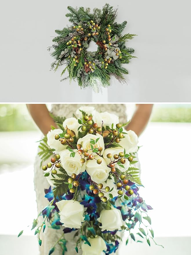 Forlaoers Realistic 4Pcs 21.6 Inch Green Faux Berries Artificial Flowers Artificial Fruits Fake Berry for Christmas House Decor Dining Vase Fillers Table Centerpieces Decoration Indoor