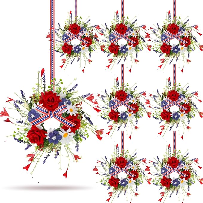 8 PCS Mini Patriotic American Cabinet Wreaths Small Red White and Blue Floral Wreath for Front Door with Ribbon Roses Daisy Forsythia July Independence Day Hanging Wreath for Porch Wall Window Decor