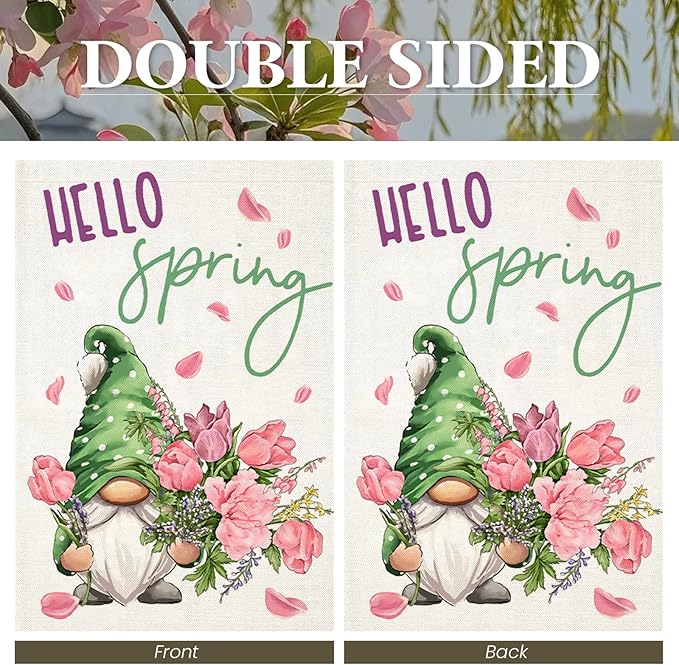 Hello Spring Garden Flag for Outside 12x18 Double Sided,Gnome with Roses Flowers Small Yard Flag, Summer Seasonal Decors for Outdoor Anniversary Wedding Farmhouse Holiday