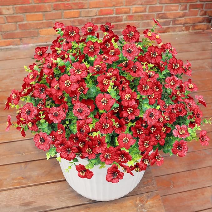 BCBLF Artificial Flowers for Outdoors UV Resistant, 12 Bundles Realistic Silk Flower Faux Fake Plants for Porch Patio Yard Planters, Spring Summer Home Garden Decor, Red