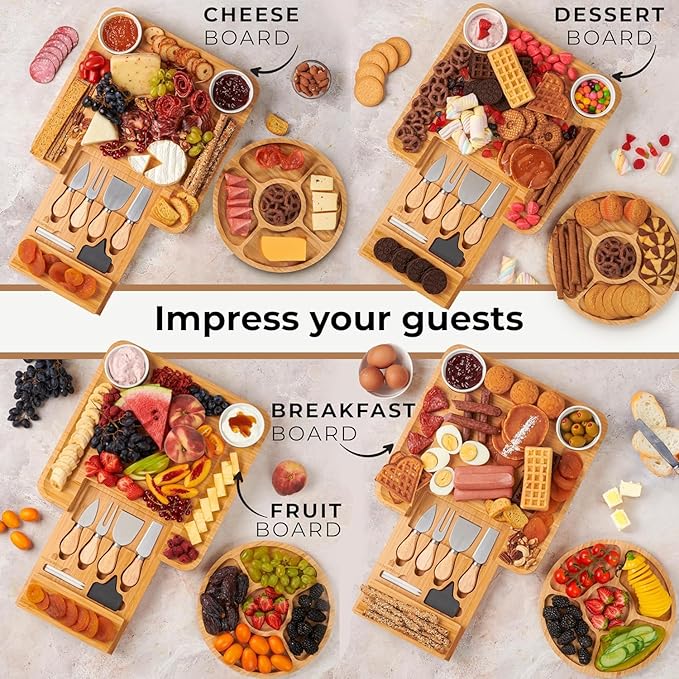 Bamboo Charcuterie Boards Gift Set - Meat and Cheese Tray with Utensils, Fruit Tray, and 2 Sauce Bowls Included - Bamboo Cheese Platter - House Warming Gifts New Home Couples & Family, Wedding Gifts