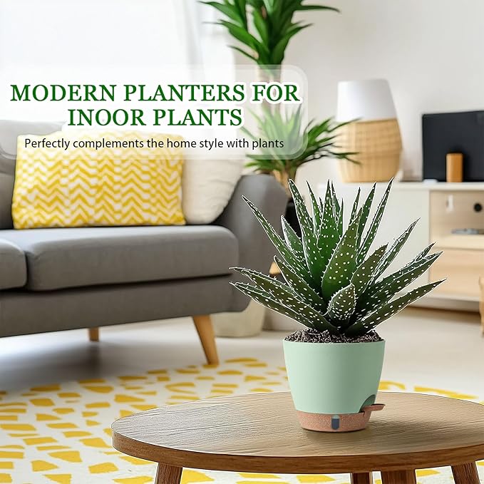 Fielda 2 Pack 8 Inch Pots for Plants Indoor, Plastic Self Watering Planters with Drainage Holes, Water Level Indicator & Deep Reservoir, Decorative Flower Pots Indoor Outdoor Use (Green