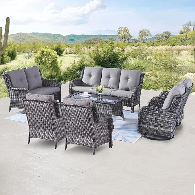 Belord Outdoor Furniture Wicker Conversation Sets - 7 Piece Patio Rattan Furniture Sets with Swivel Rocker Chairs Outdoor Sofa for Porch Deck Backyard Mixed Grey/Grey