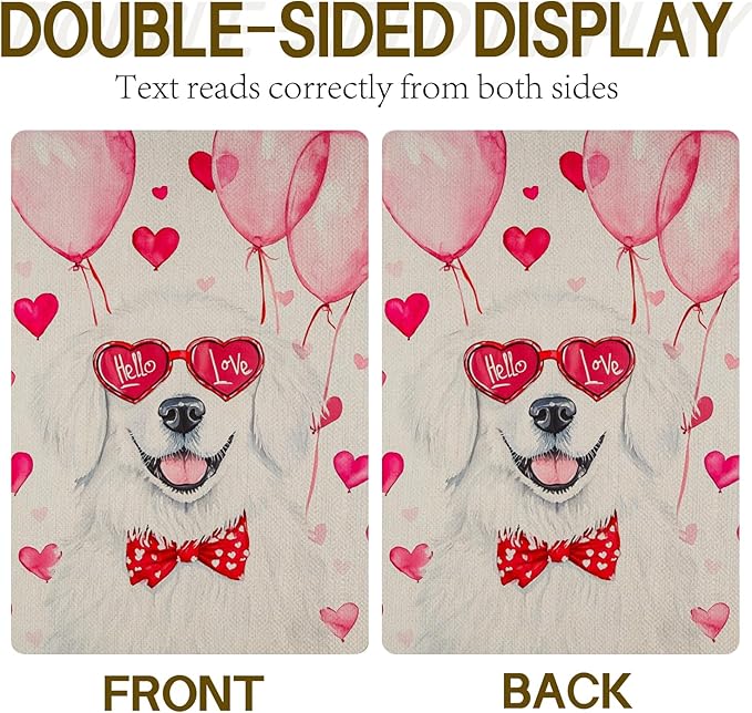 Valentine's Day Great Pyrenees Hello Love Garden Flag, House Yard Plaid Love Heart Outside Decoration, Spring Holiday Wedding Anniversary Outdoor Small Decor 12x18(12629)