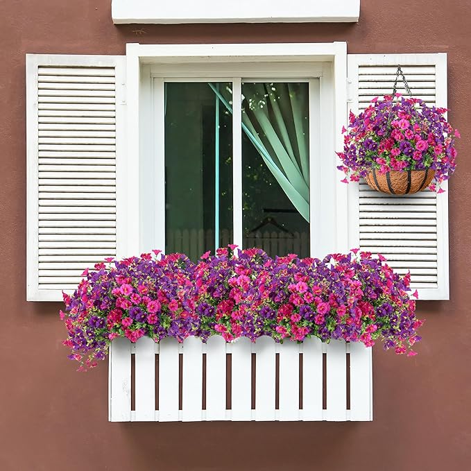Artificial Flowers for Outdoors 12 Bundles Realistic Faux Plants UV Resistant Fake Silk Morning Glory with Eucalyptus for Front Door Planter Patio Porch Spring Summer Decoration (2 Mixed Color)