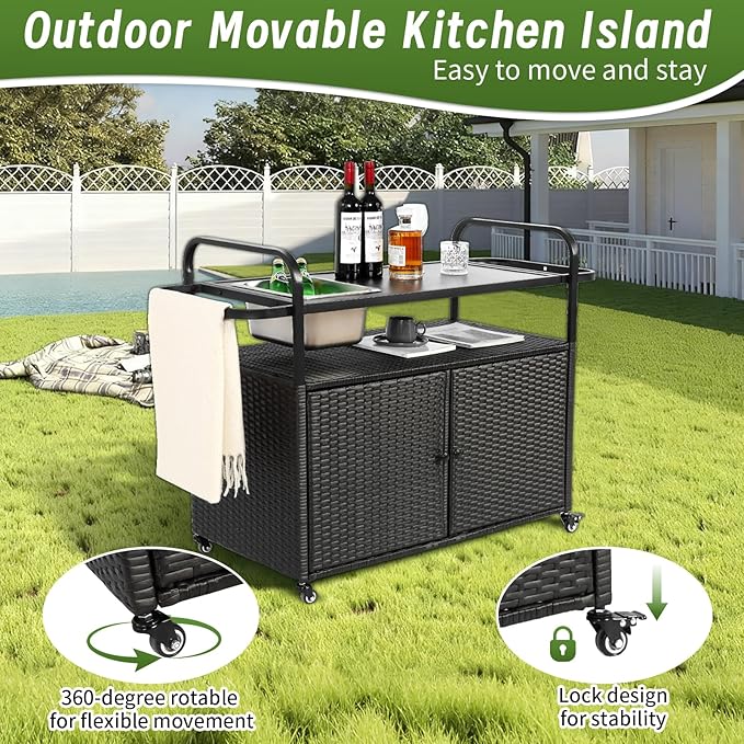 Outdoor Bar Cart with Cabinet, 51.57" Patio Serving Cart with Steel Top, Built-in Ice Bucket, Side Basket & Lockable Wheels for Garden, Backyard & Poolside, Black