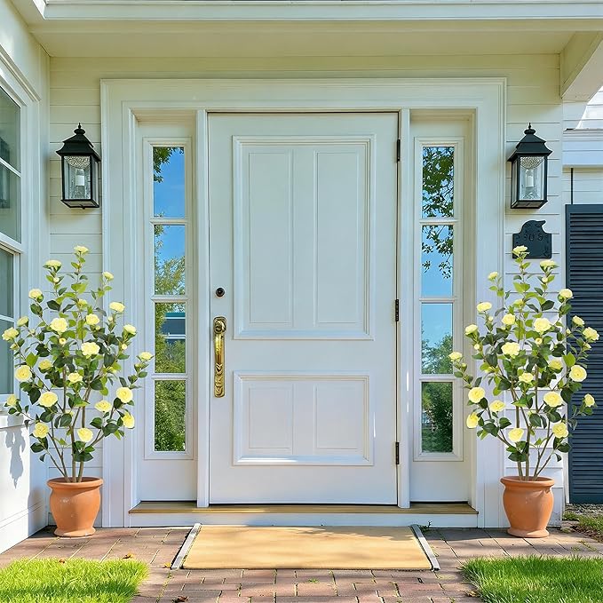 Nafresh 5FT Lush Artificial Yellow Camellia Tree Outdoor 2 Pack, 60inch Faux Camellia Plant, Fake Camellia Flowers Tree for Indoor Outdoor Living Room Home Patio Front Door Garden Decor