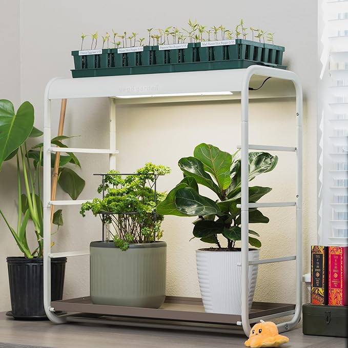 Vego garden 1 Tier Tabletop Metal Corner Plant Stand Indoor with Grow Light, Full Spectrum LED Grow Light, Plant Rack for Seed Starting, Leafy, Herbs, Fruits & Microgreens