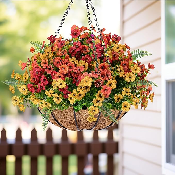 Pinenoya Artificial Faux Plants Flowers Outdoor Decoration,18 Bundles Fake Silk Colorful Daisy Eucalyptus Realistic UV Resistant for Outside Home Planter Porch Patio Yard Decor (Yellow Red)
