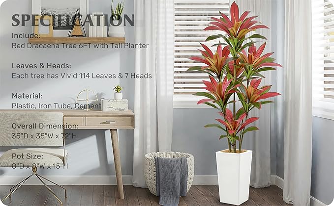 Roselywed Artificial Red Dracaena Tree 6FT with 114 Leaves & 7 Heads & White Tall Planter Cover with Coconut Fiber Tall Faux Tropical Silk Bicolor Plant 72 Inch for Indoor Home Office Porch Mall Decor