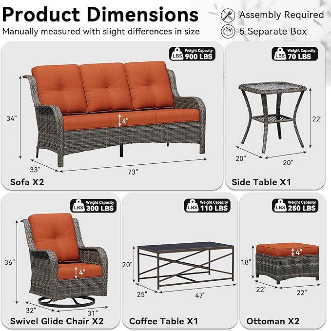 8 Piece Outdoor Wicker Patio Furniture Set, Outdoor Swivel Rocker Patio Chairs Set with Thickened Olefin Cushions, High Back and Deep Seating, Hand-Woven PE Rattan for Porch, Deck