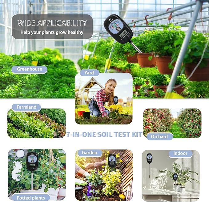 7-in-one Soil Test Kit, Soil Moisture Meter/PH Meter/Sunlight Intensity/Fertility Soil Tester, LCD display Air & Soil Hygrometer Temperature for Garden, Farm, Lawn Care Moisture Meter for Hous Plants