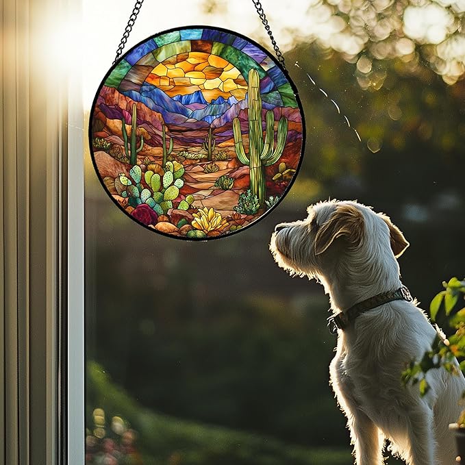 Stained Glass Window Hanging Cactus Mountains Landscape 7.8" - Suncatcher Door Garden Sunroom Sun Catcher Home Decor Birthday Christmas for Mom Men Woman Nana