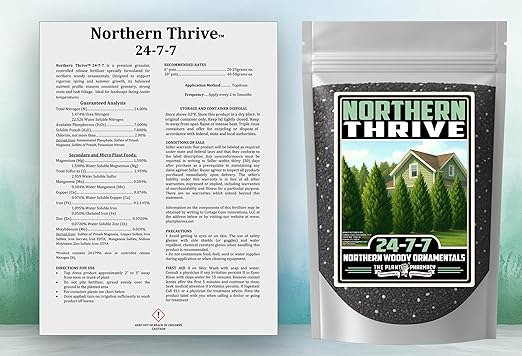 Fertilizer Commercial Grade | Northern Thrive 24-7-7 | 5 Ounces | Granular Controlled Release Feed | High Nitrogen Formula for Woody Ornamentals | Shrubs Trees Foliage Growth Beds Borders Landscapes