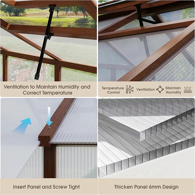 Large Walk in Greenhouse for Outdoors, 6x12 FT Length Heavy Duty Polycarbonate Panel Wooden Frame with Roof Vent & Lockable Outward-Opening Swing Door, All Season Garden Greenhouse for Backyard Patio
