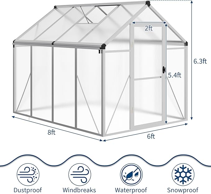 6X8 FT Outdoor Polycarbonate Greenhouse, Sturdy Aluminum Frame, Adjustable Roof Vent, Ideal for Backyard, Patio, or Garden, All-Weather Green House for Growing Plants and Vegetables