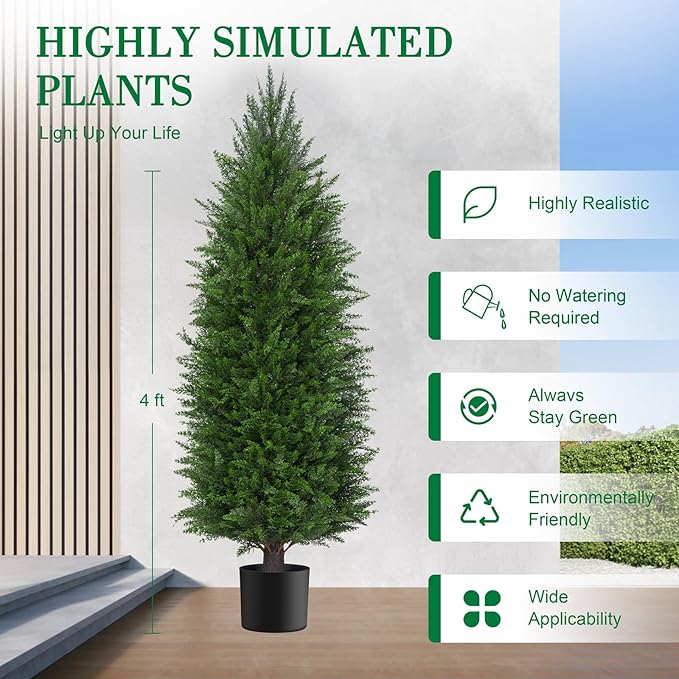 AOKIIE 4FT Artificial Topiary Cedar Plants Outdoor, Faux Pine Trees UV Resistant and Potted, 48 Inch Tall Fake Shrubs Evergreen for Front Porch Decor Set of 2