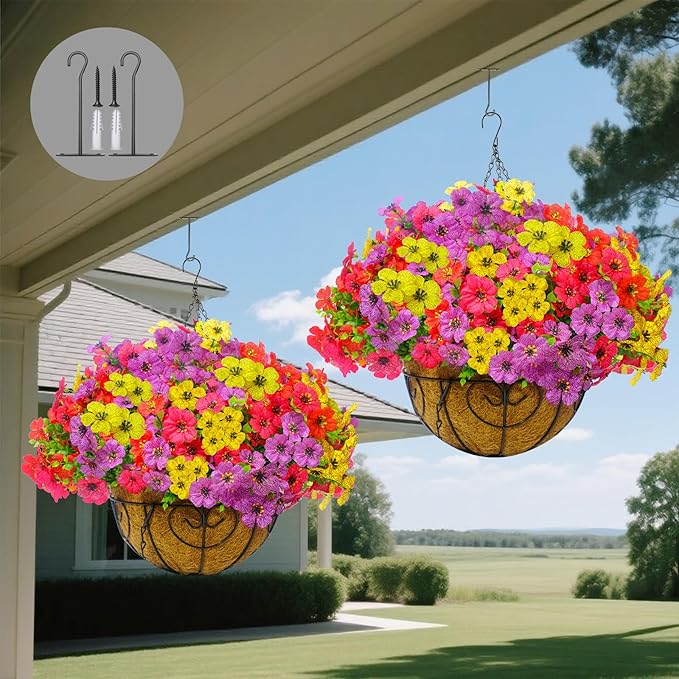 YYTDDUUU Artificial Hanging Flowers Plants 2 Set,Faux Flowers Basket for Outdoor Porch Decor,Fake Silk UV Sun Resistant Colorful Life-Like Hanging Daisy for Garden Balcony Yard Dector