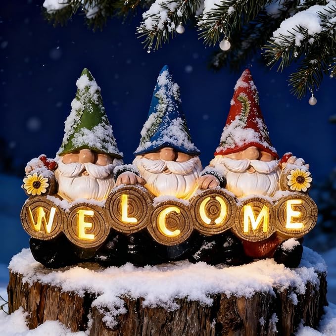 Garden Gnomes Solar Powered Welcome Statue, Outdoor Patio Yard and Garden Decor, Durable Resin, Perfect as, Unique Gifts for Women, Gifts for Grandkids and mom