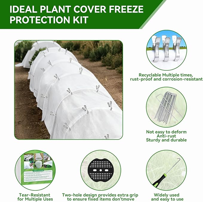 MuyuRise 10 FT x 33 FT Plant Covers Freeze Protection kit - 1.8 oz/yd² Thickened Frost Cloths Blankets with Garden Row Cover Accessories for Outdoor Plants, Protect in Winter Cold/Sun Pests (White)