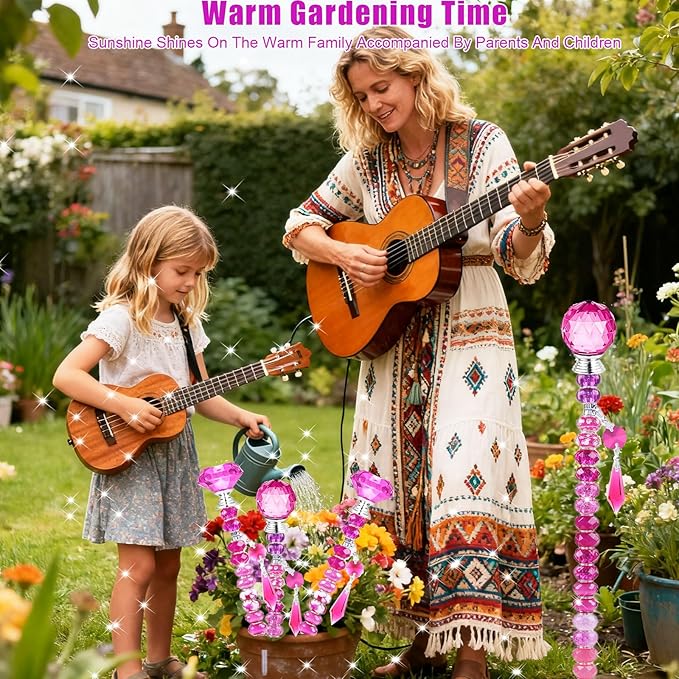 121 Pcs DIY Fairy Wand Beaded Garden Stakes Kit, Fairy Wands Garden Kit Rose Red Large Hole Bead with Pendants Crystal Stopper Top Threaded Rod Beaded Garden Stakes Supplies for Outdoor Decorative