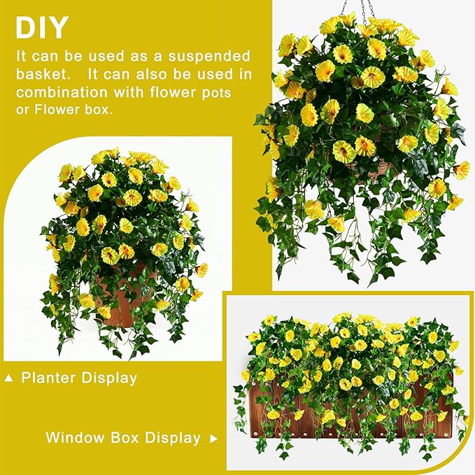 Morning Glory Artificial Hanging Flowers for Outdoors 3 Pcs Fake Petunias Flower Faux Silk Long Trailing Vines Realistic Flower for Front Door Porch Patio Balcony Garden Yard Decor (3 Pcs Yellow)