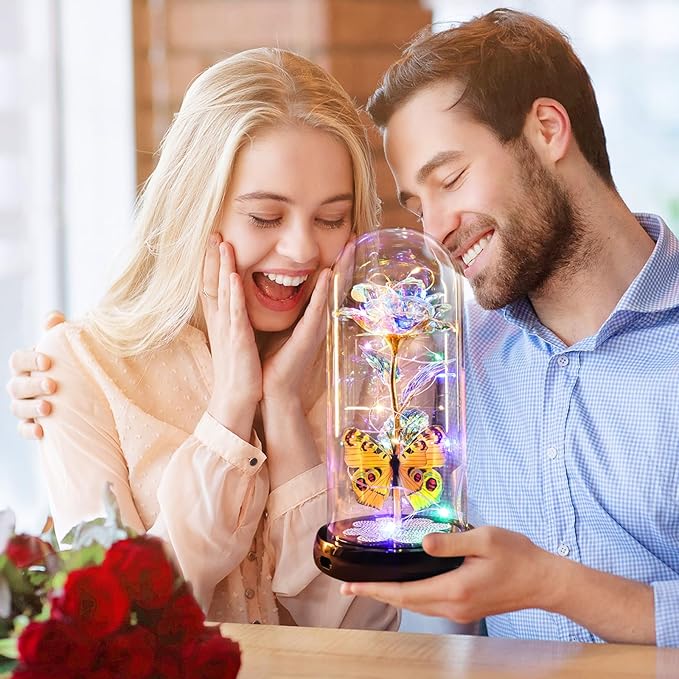 Pusuny Valentines Day Rose Gifts for Her Birthday Gift for Women, Rechargeable Galaxy Glass Rose in Glass Dome Colorful Crystal Flower Butterfly Valentine Gifts for Women Daughter Mom Wife Girlfriend