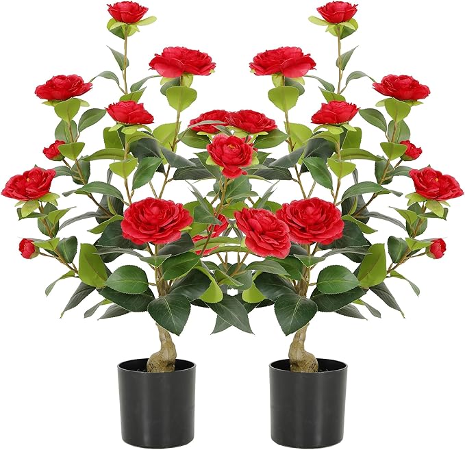 Nafresh 2FT Lush Artificial Red Camellia Tree Outdoor 2 Pack, 24inch Faux Camellia Plant, Fake Camellia Flowers Tree for Indoor Outdoor Living Room Home Patio Front Door Garden Decor
