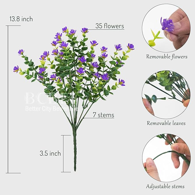 BCBLF Artificial Flowers for Outdoors, 12 Bundles UV Resistant Realistic Faux Plants for Outside Porch Planter, Spring Summer Home Garden Decoration, Purple