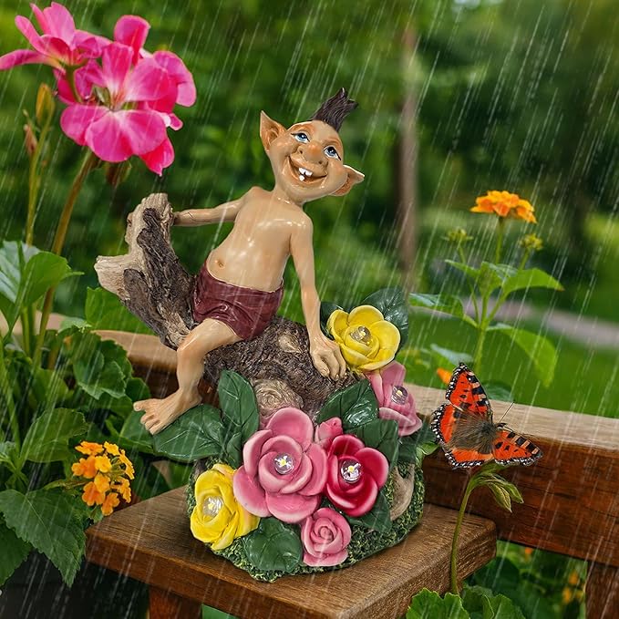 Gnome Figurine with Solar-Powered Flowers Goblin Decor Garden Gargoyle Statue for Patio Yard Balcony Housewarming Gifts for Mom Women Grandma